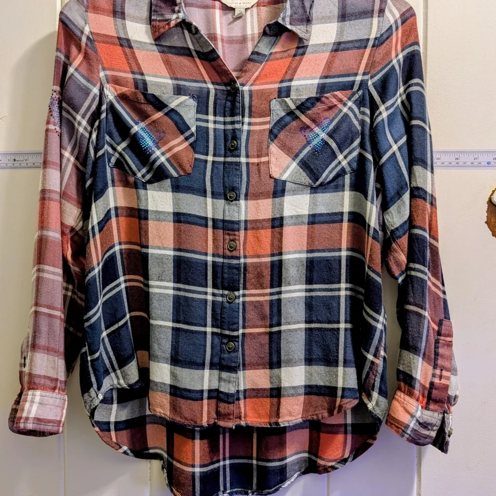 Upcycle Lucky Brand Medium Dip Bleach Flannel Shirt w/ Butterfly Bling 17" P2P - Picture 6 of 11
